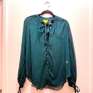 Anthropologie MAEVE Womens XS Della Zig Zag Navy/green Print Blouse Button Down
